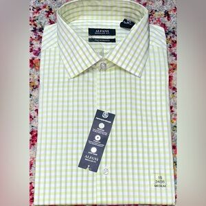 New Medium/15 Alfani Regular Fit Green White Plaid Dress Shirt